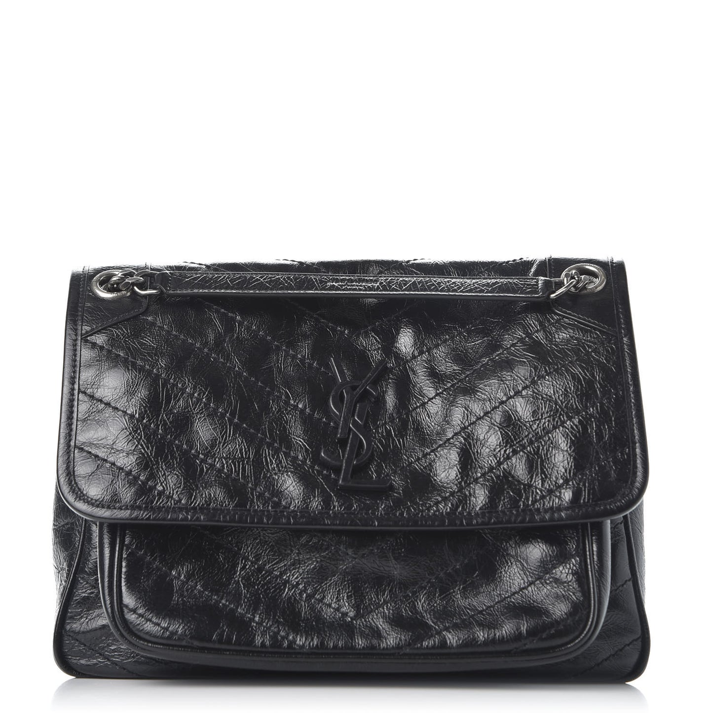Crinkled Calfskin Matelasse Monogram Medium Niki Chain Satchel Black