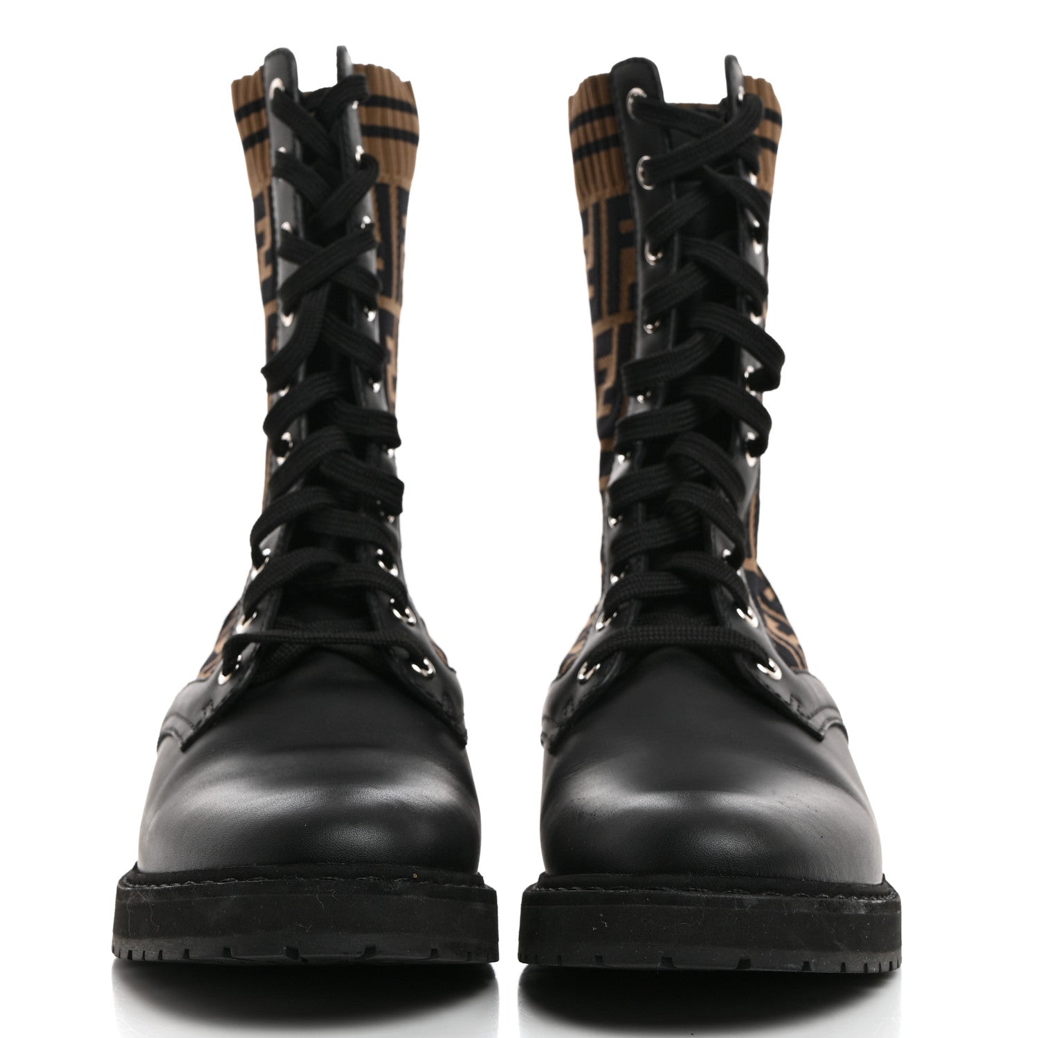 Fendi Calfskin Stretch Fabric FF Rockoko Biker Boots 38.5 Black Tobacco 2 of 7