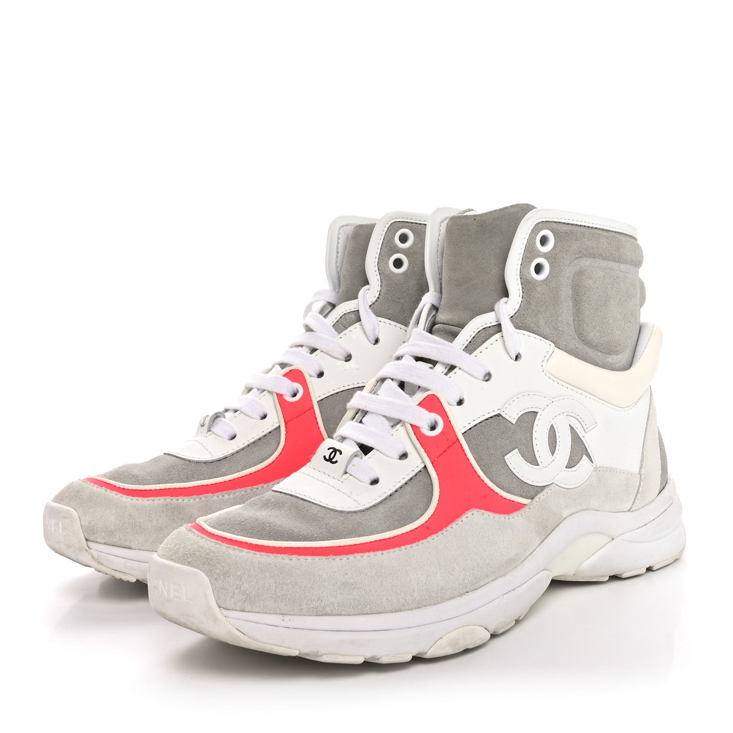 Chanel Suede Calfskin Lambskin Neoprene High Top CC Sneakers 37 White Fluo Pink Grey 4 of 8