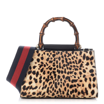Gucci Calf Hair Bamboo Web Leopard Print Mini Nymphaea Top Handle Bag 1 of 10