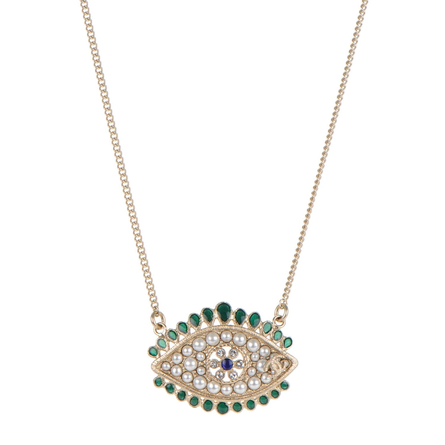 Chanel Resin Crystal Glass Pearl Eye Pendant Necklace Gold Multicolor 1 of 5