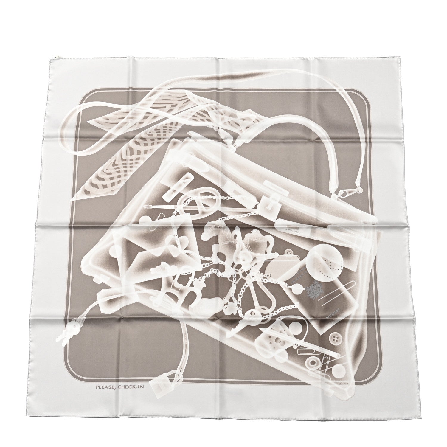 Hermes Silk Please Check In Scarf 90 Gris Perle Etoupe 1 of 4