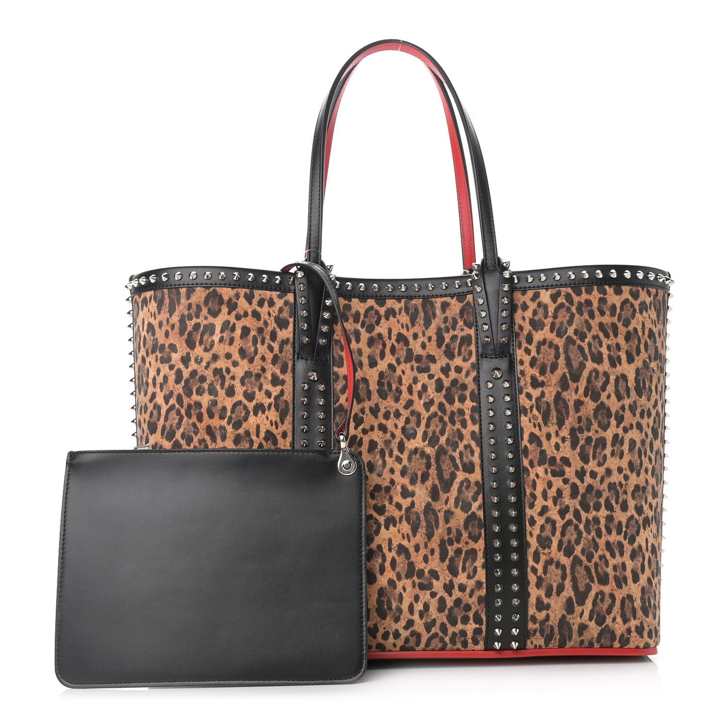 Calfskin Leopard Print Spikes East West Cabata Tote Black