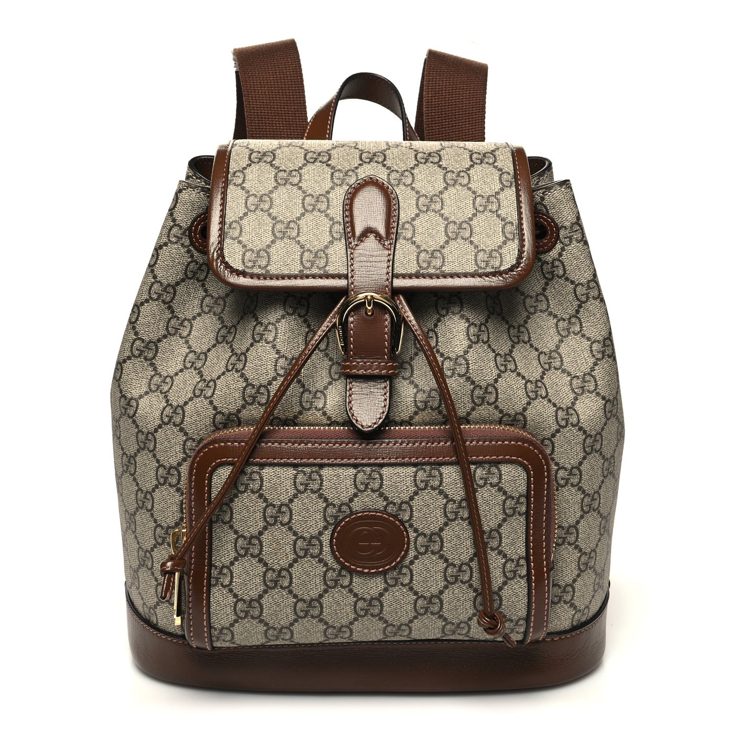 GG Supreme Monogram Azalea Calfskin Retro Interlocking G Buckle Backpack Beige Ebony Brown Sugar