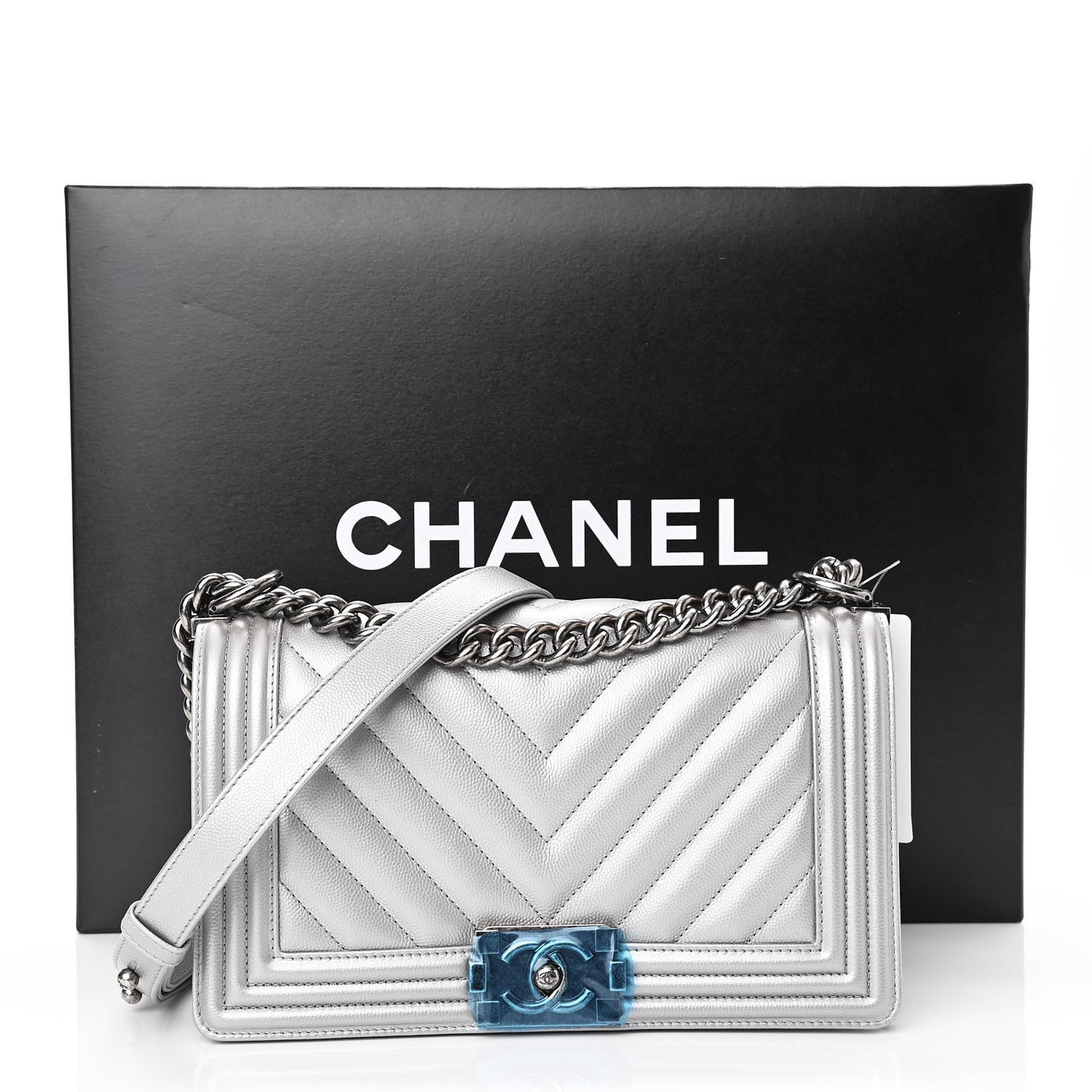 Metallic Caviar Chevron Quilted Medium Boy Flap Silver