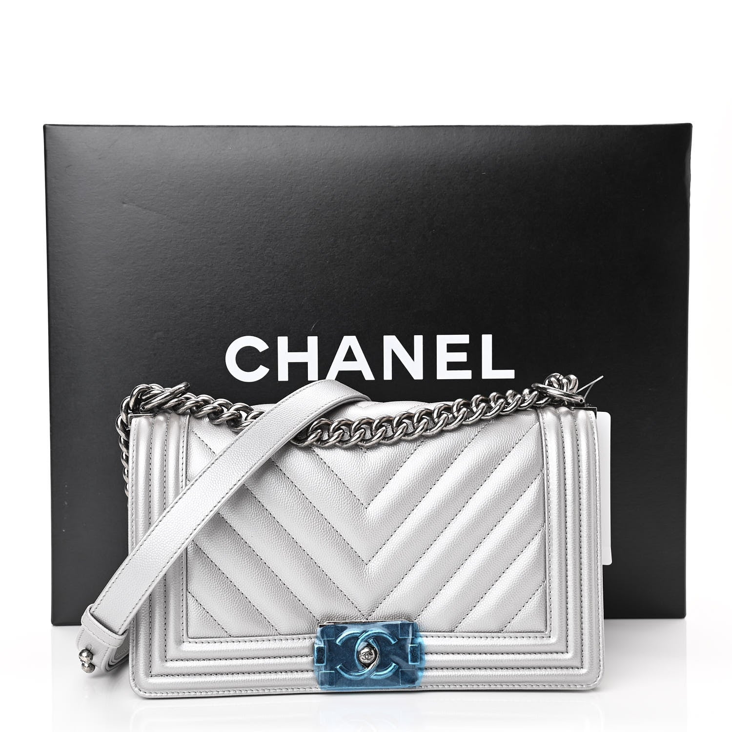 Chanel Metallic Caviar Chevron Quilted Medium Boy Flap Silver 11 of 11