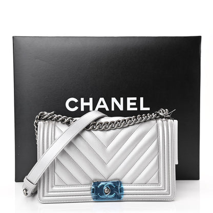 Chanel Metallic Caviar Chevron Quilted Medium Boy Flap Silver 11 of 11