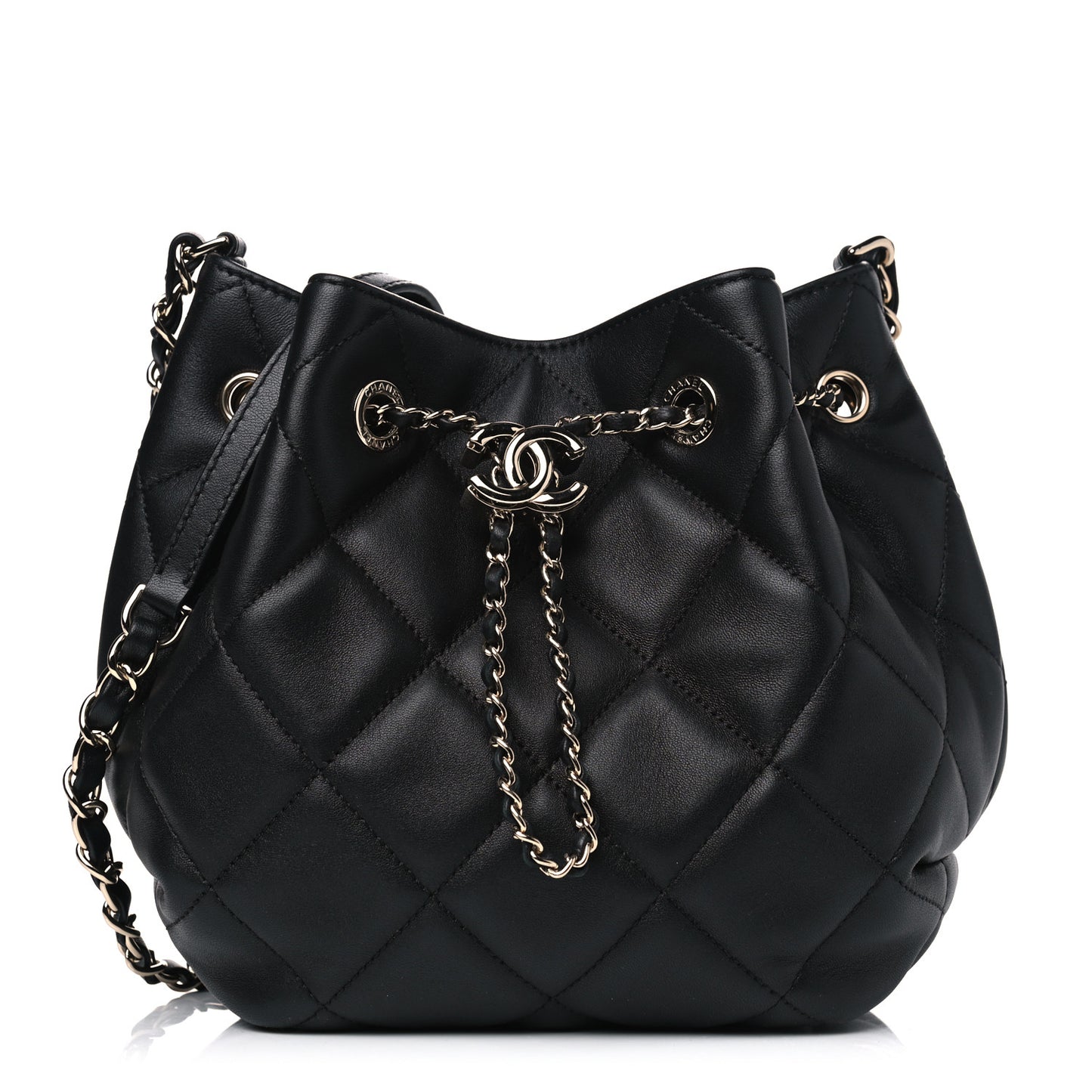 Lambskin Quilted CC Dweller Drawstring Bucket Bag Black