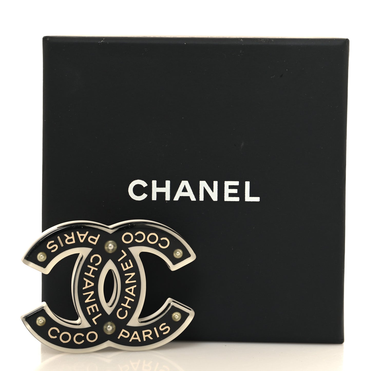 Resin Crystal Chanel Paris Logo CC Brooch Black White Gold