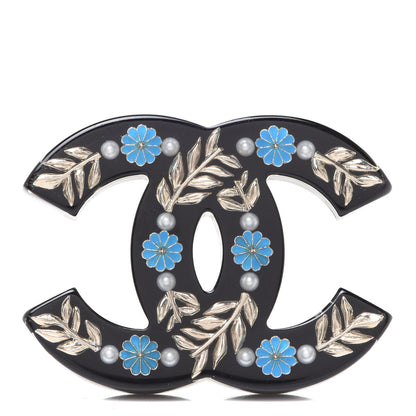 Chanel Resin Pearl Enamel Flower CC Brooch Black Blue Gold 1 of 5
