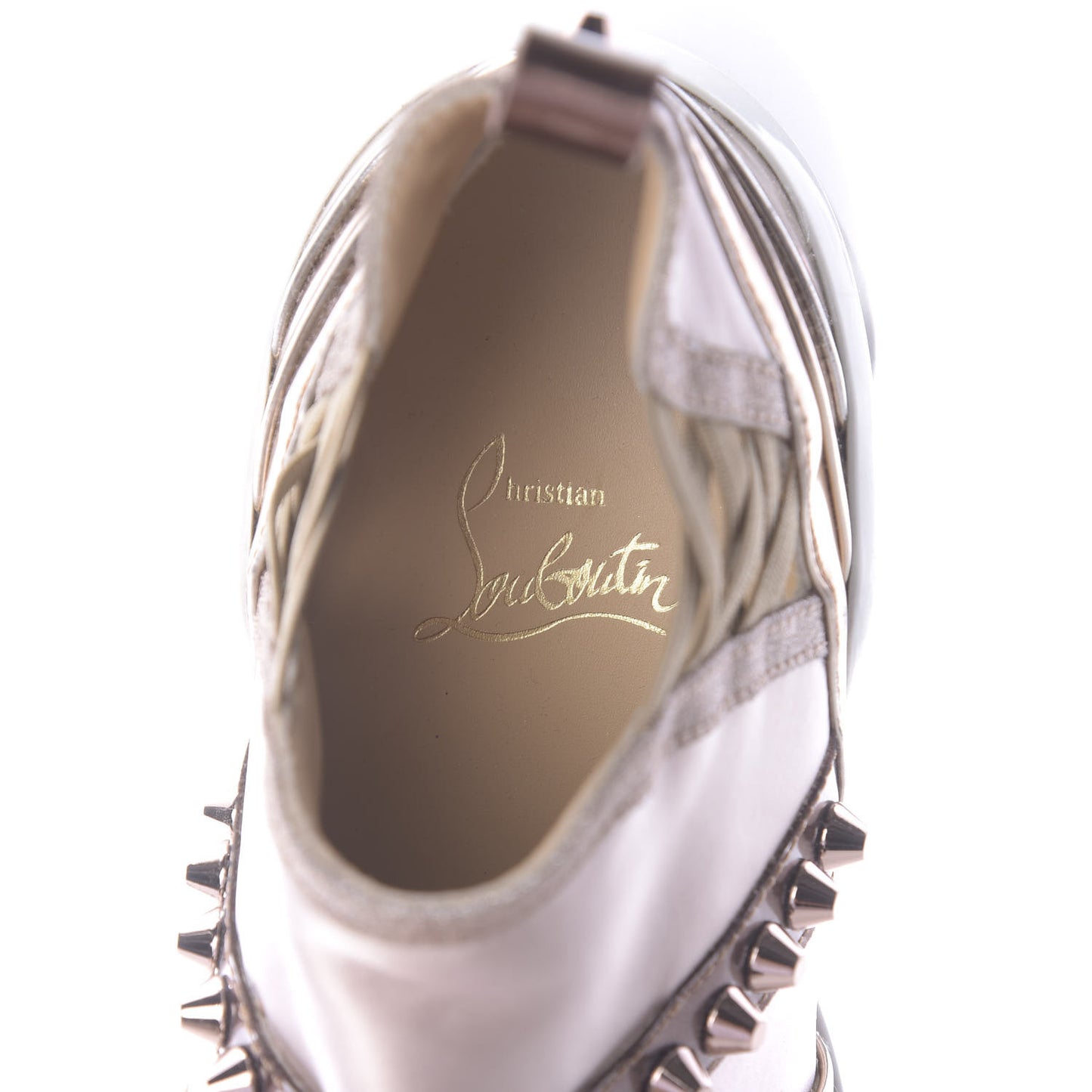 Satin Metallic Calfskin Glitter Specchio Studded 123 Run Flat Sneakers 37 Nude