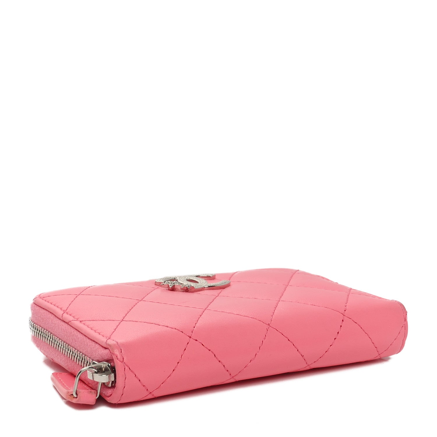 Chanel Lambskin Crystal Star Quilted Studded CC Zip Around Card Holder Wallet Pink 4 of 9