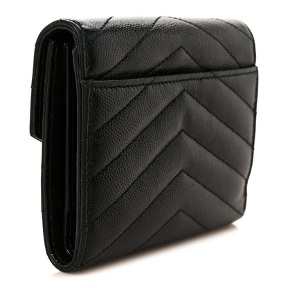 Saint Laurent Grain De Poudre Matelasse Chevron Monogram Compact Tri Fold Wallet Black 3 of 9