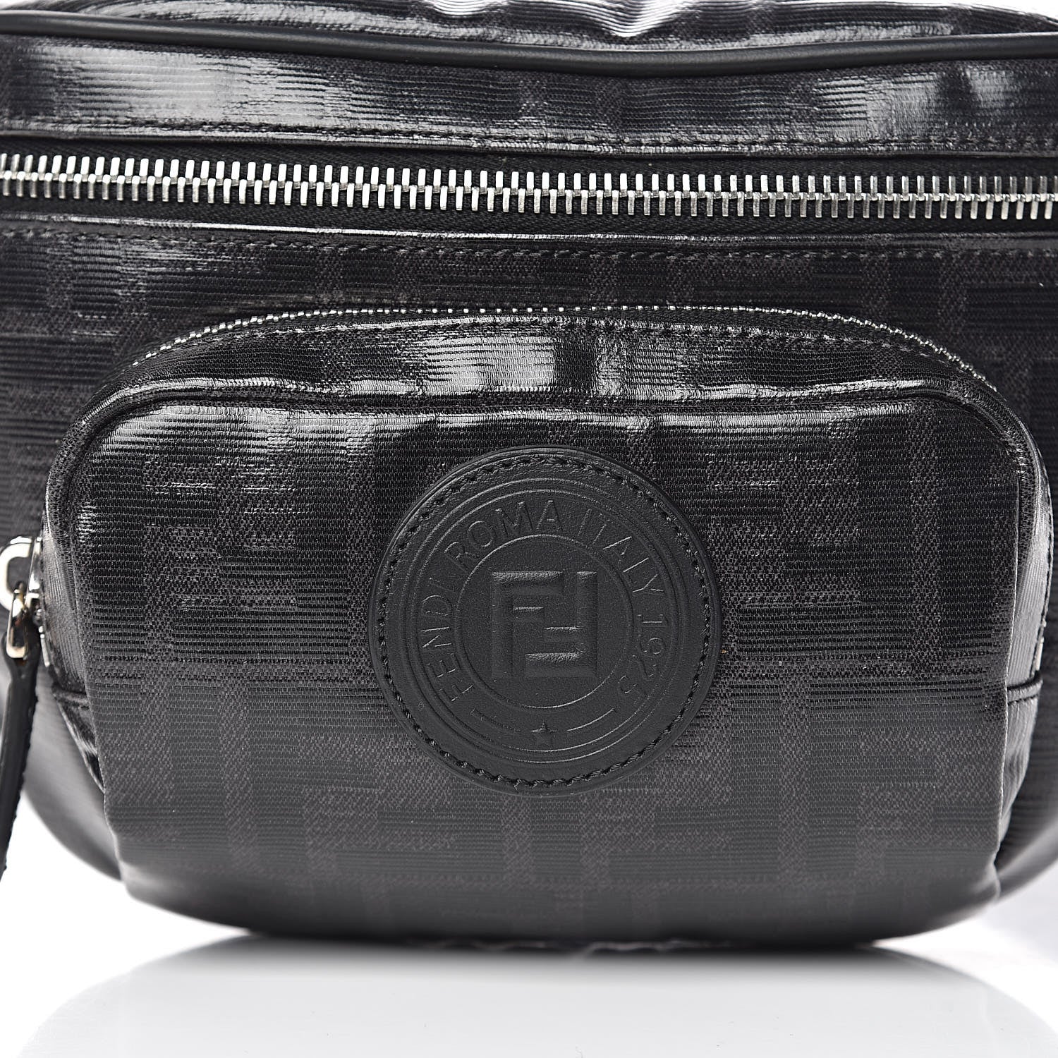 Fendi Glazed Fabric Vitello Century FF 1974 Stamp Patch Pocket Belt Bag Black 9 of 11