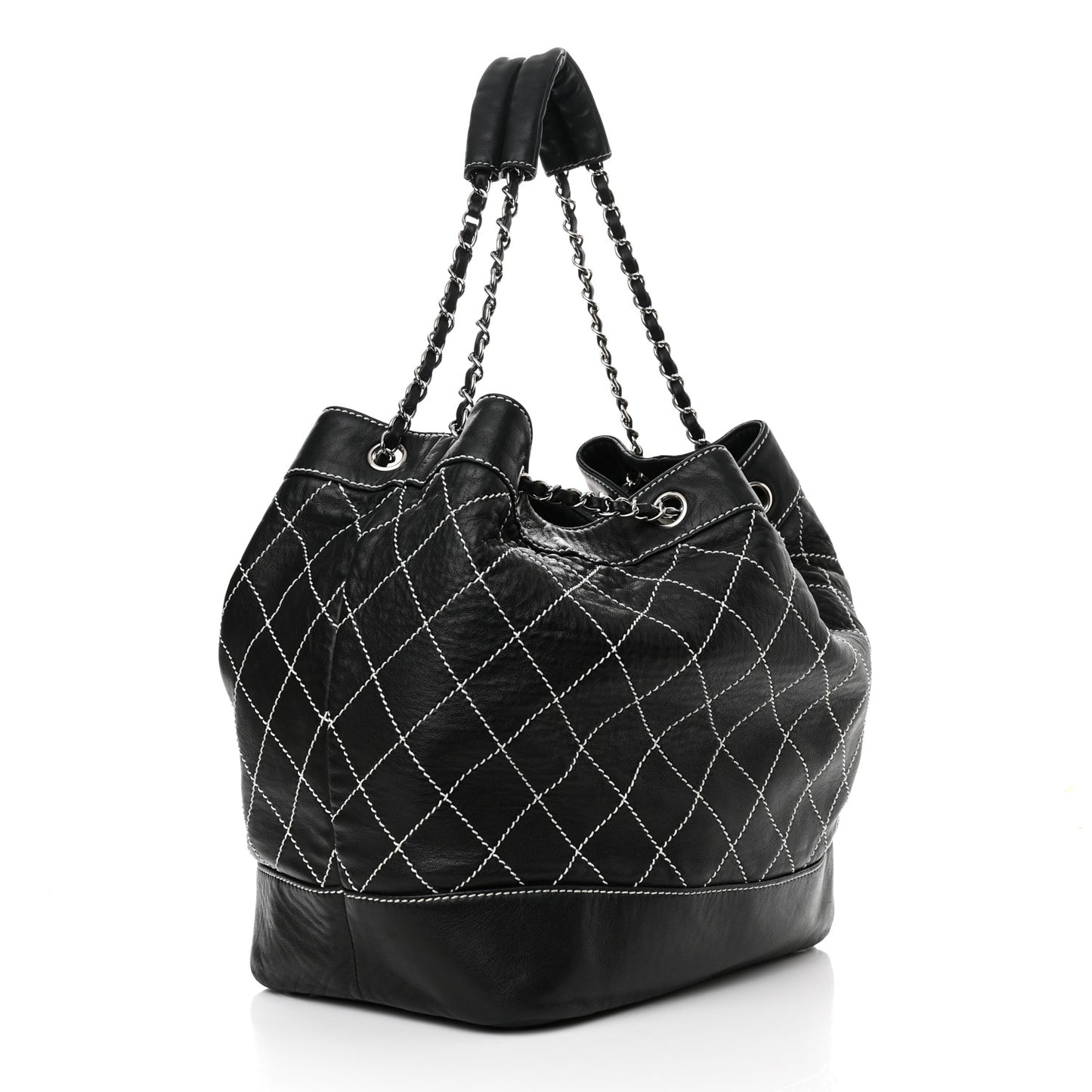 Calfskin Contrast Stitch Surpique Bucket Bag Black
