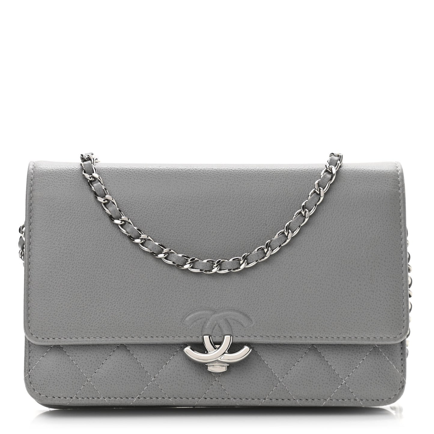 Grained Calfskin Quilted CC Box Wallet On Chain WOC Grey