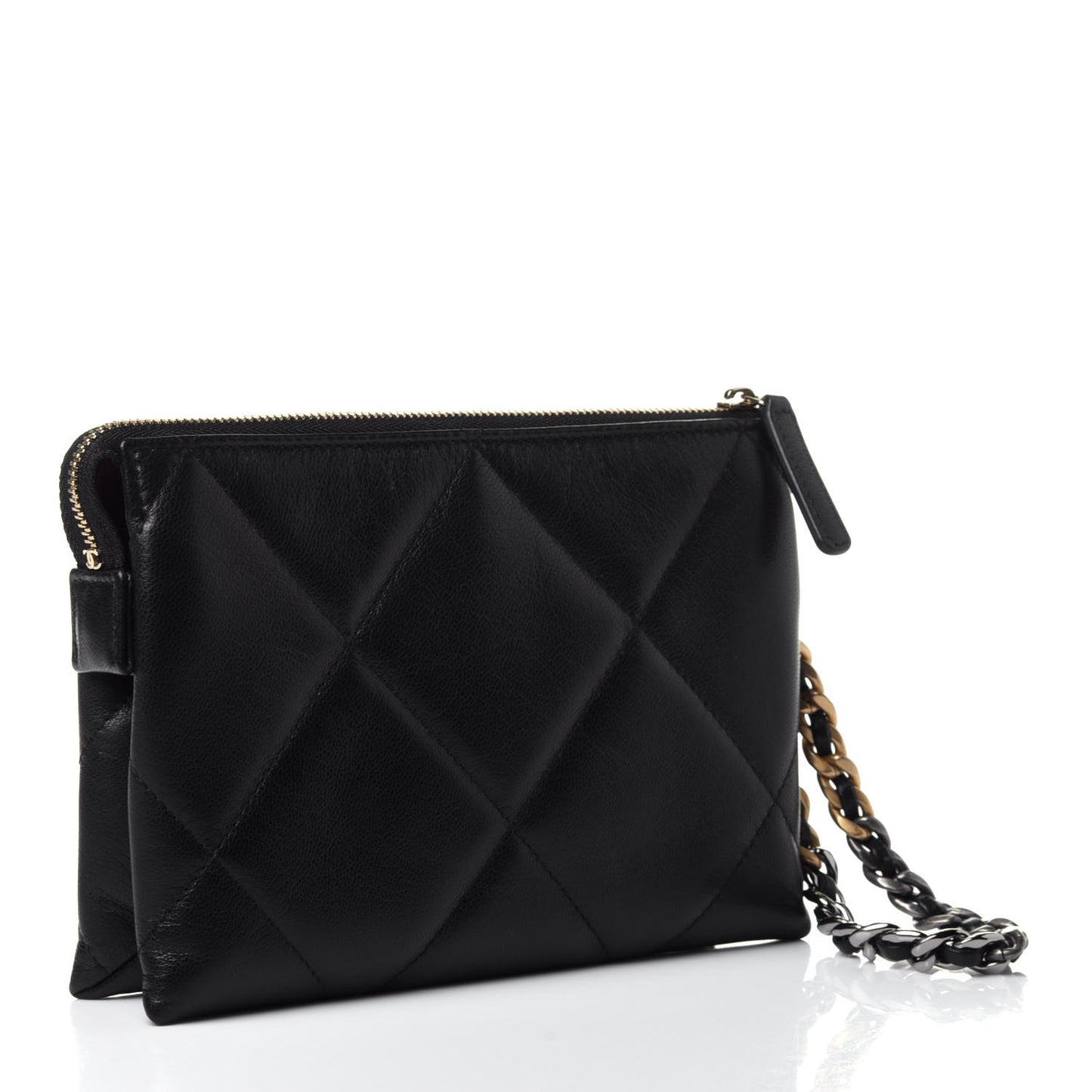 Shiny Goatskin Quilted Small Chanel 19 Pouch With Handle Black