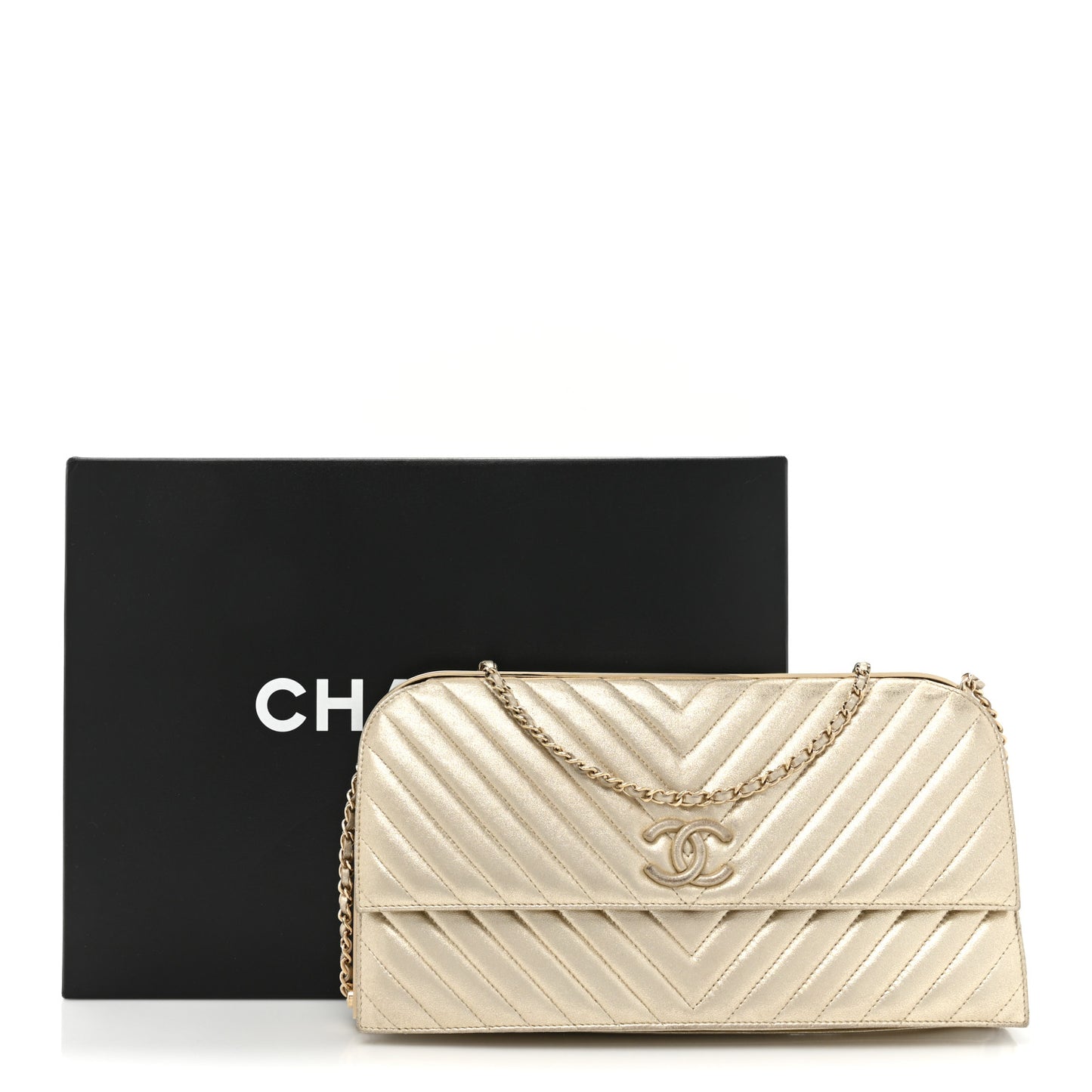 Chevron Quilted CC Clutch Gold
