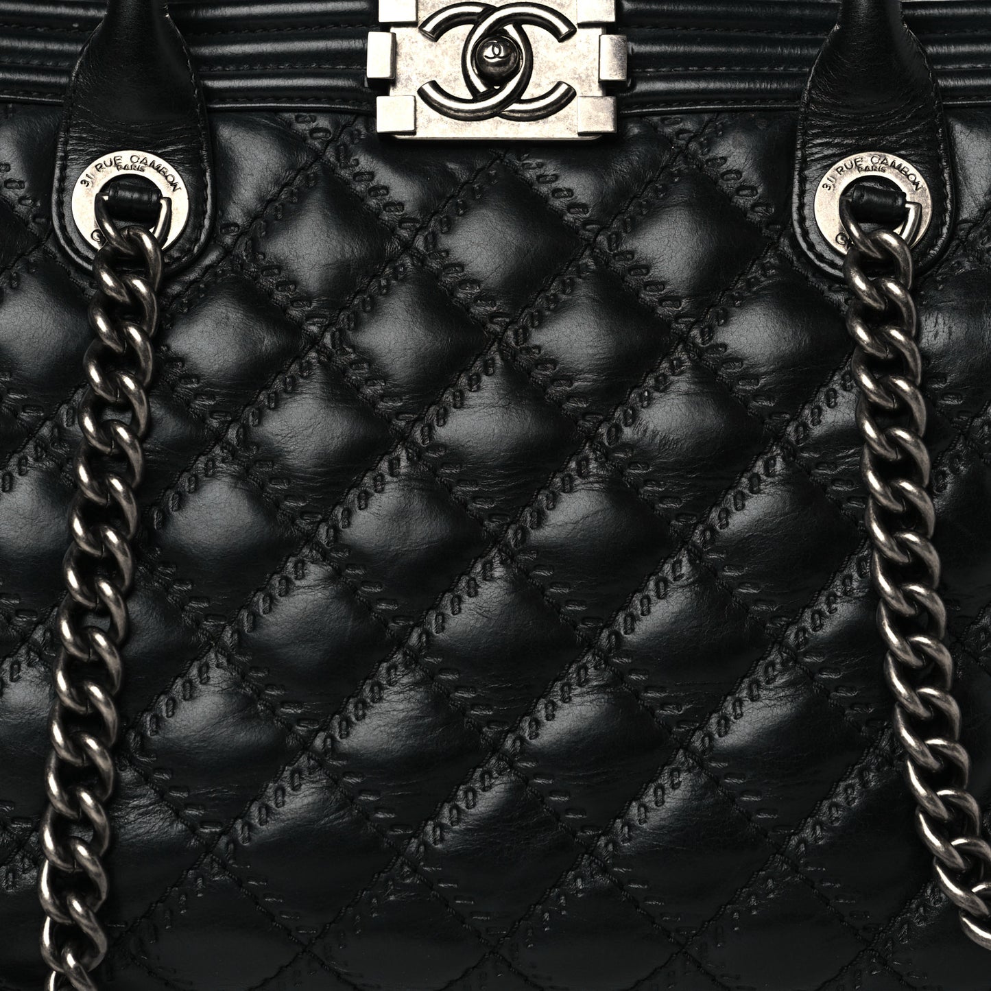 Calfskin Quilted Double Stitch Large Boy Tote Black