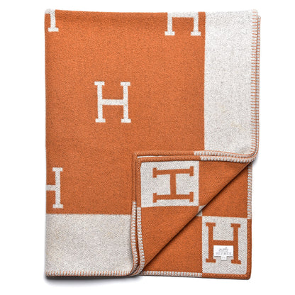 Hermes Wool Cashmere Signature Classic Avalon Blanket Ecru Potiron 1 of 5