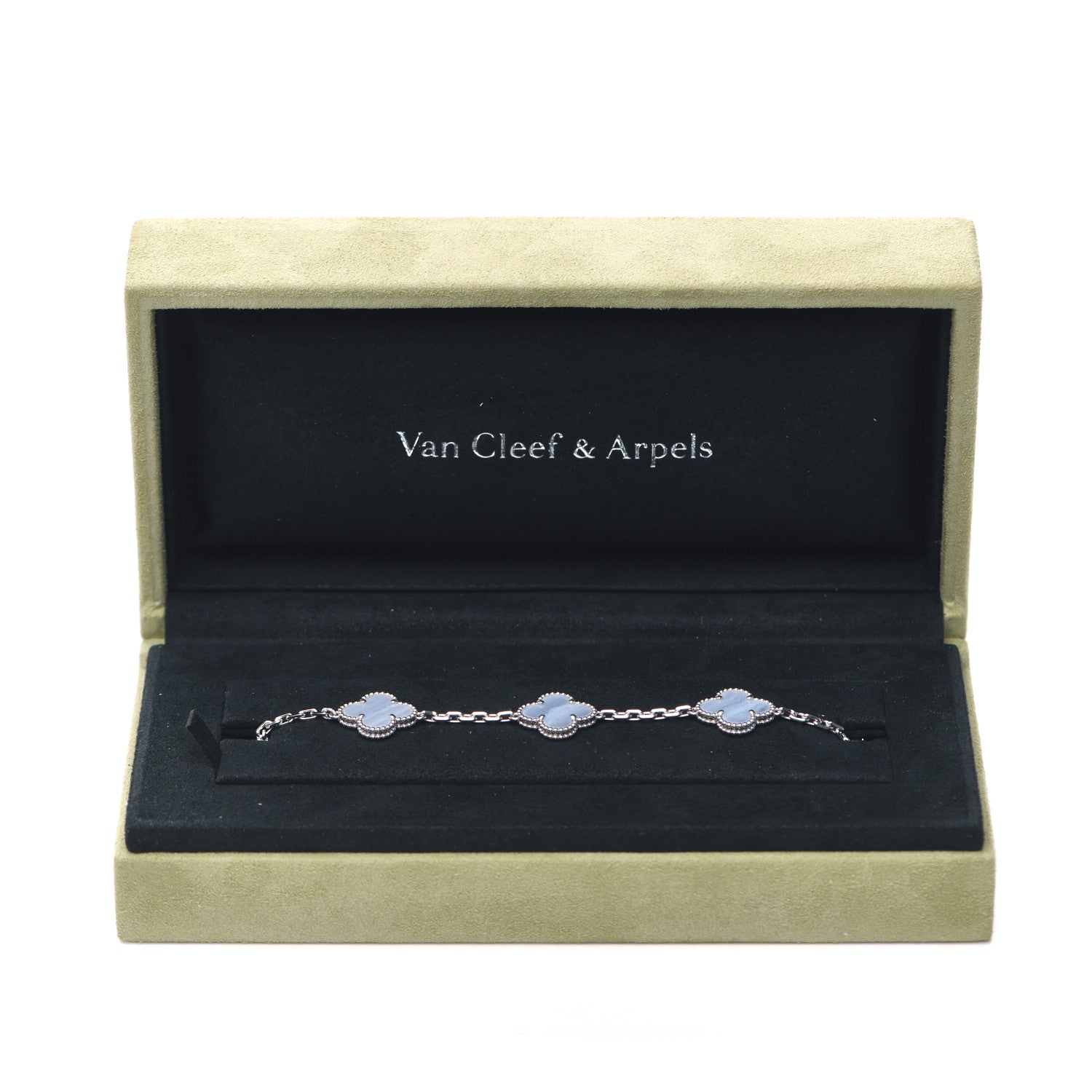 Van Cleef & Arpels 18K White Gold Chalcedony 5 Motifs Vintage Alhambra Bracelet 6 of 7