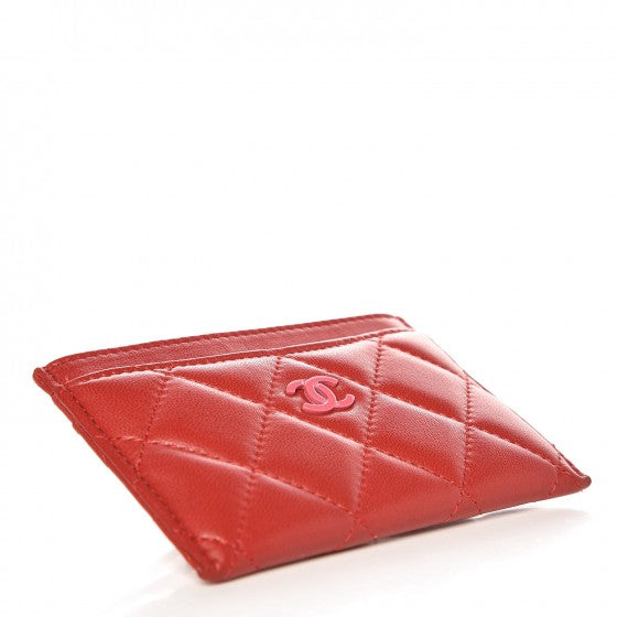 Lambskin Quilted Card Holder Red Pink