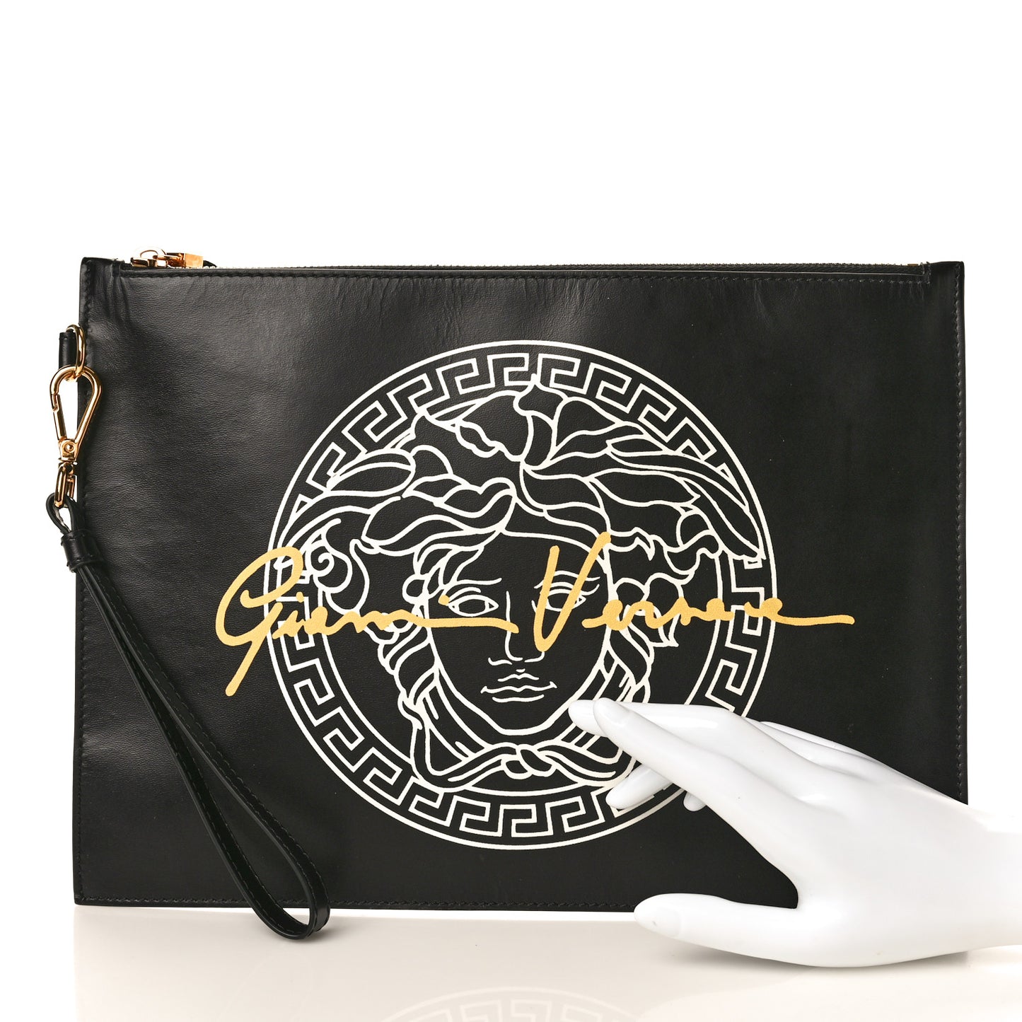 Calfskin Medusa Print Zip Pouch Black