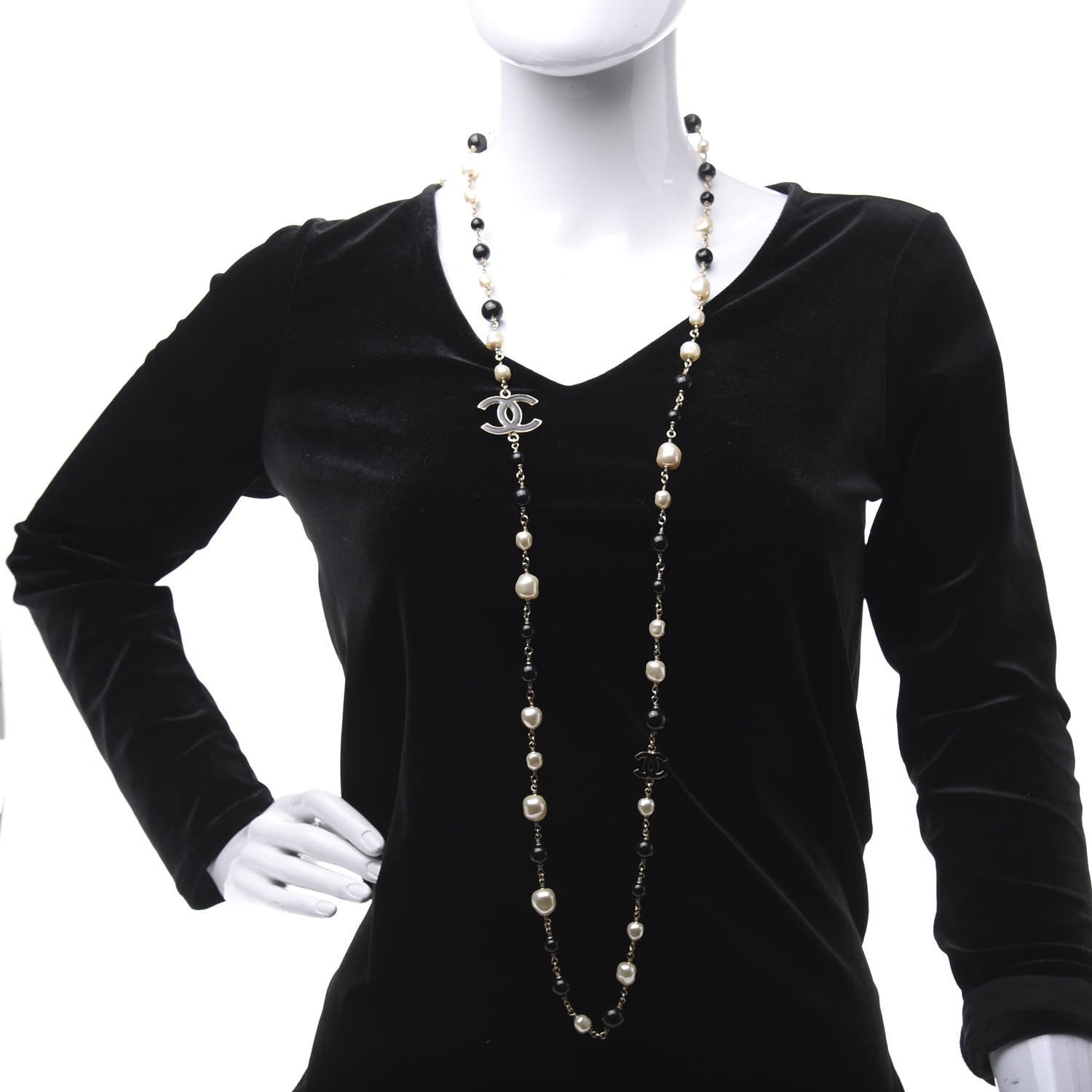 Chanel Pearl Bead Enamel CC Long Necklace Black Gold 2 of 6
