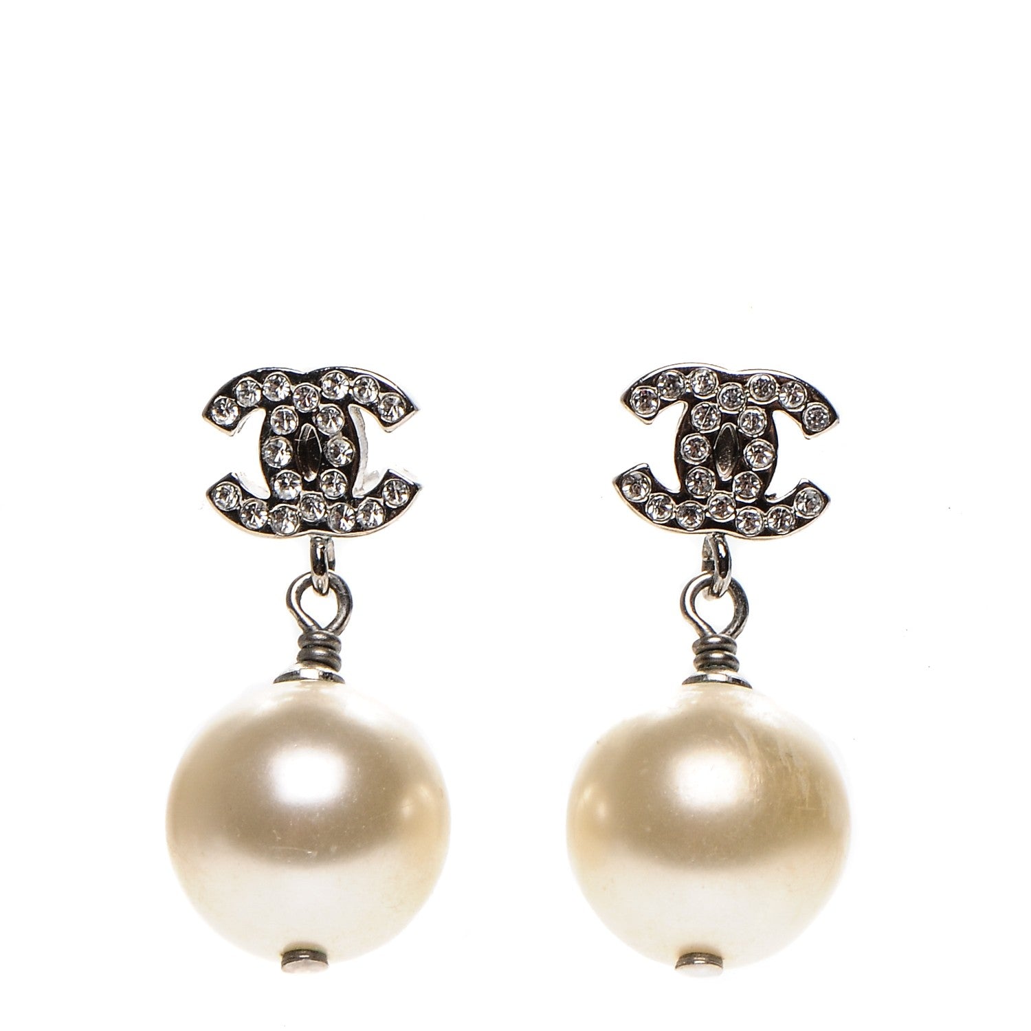 Chanel Crystal Pearl CC Drop Earrings Silver 1 of 4