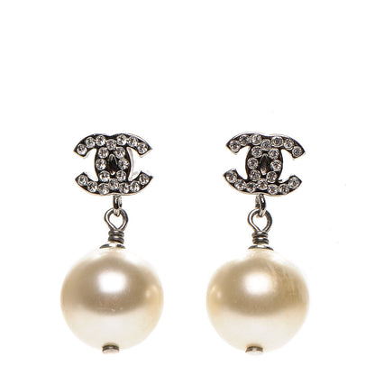Chanel Crystal Pearl CC Drop Earrings Silver 1 of 4