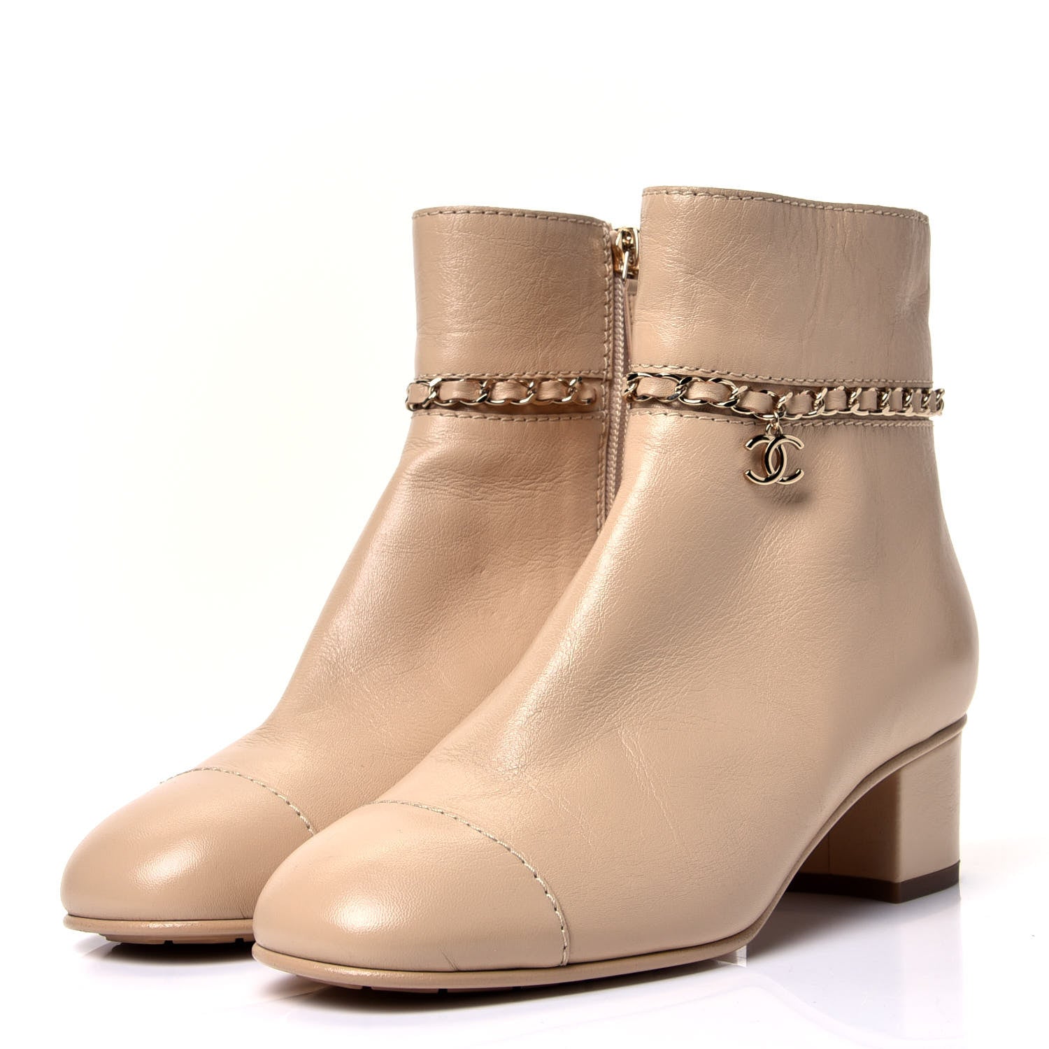 Chanel Calfskin Cap Toe Chain Short Boots 37 Beige 4 of 11