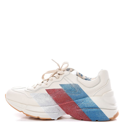 Gucci Calfskin Glitter Web Print Womens Rhyton Sneakers 39 Mystic White 1 of 8