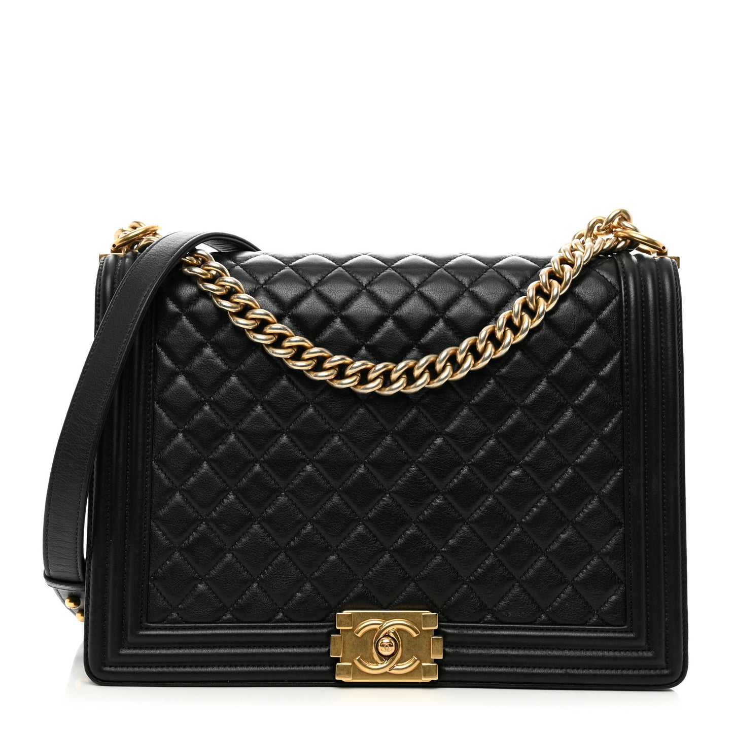 Calfskin Quilted Large Boy Flap Black