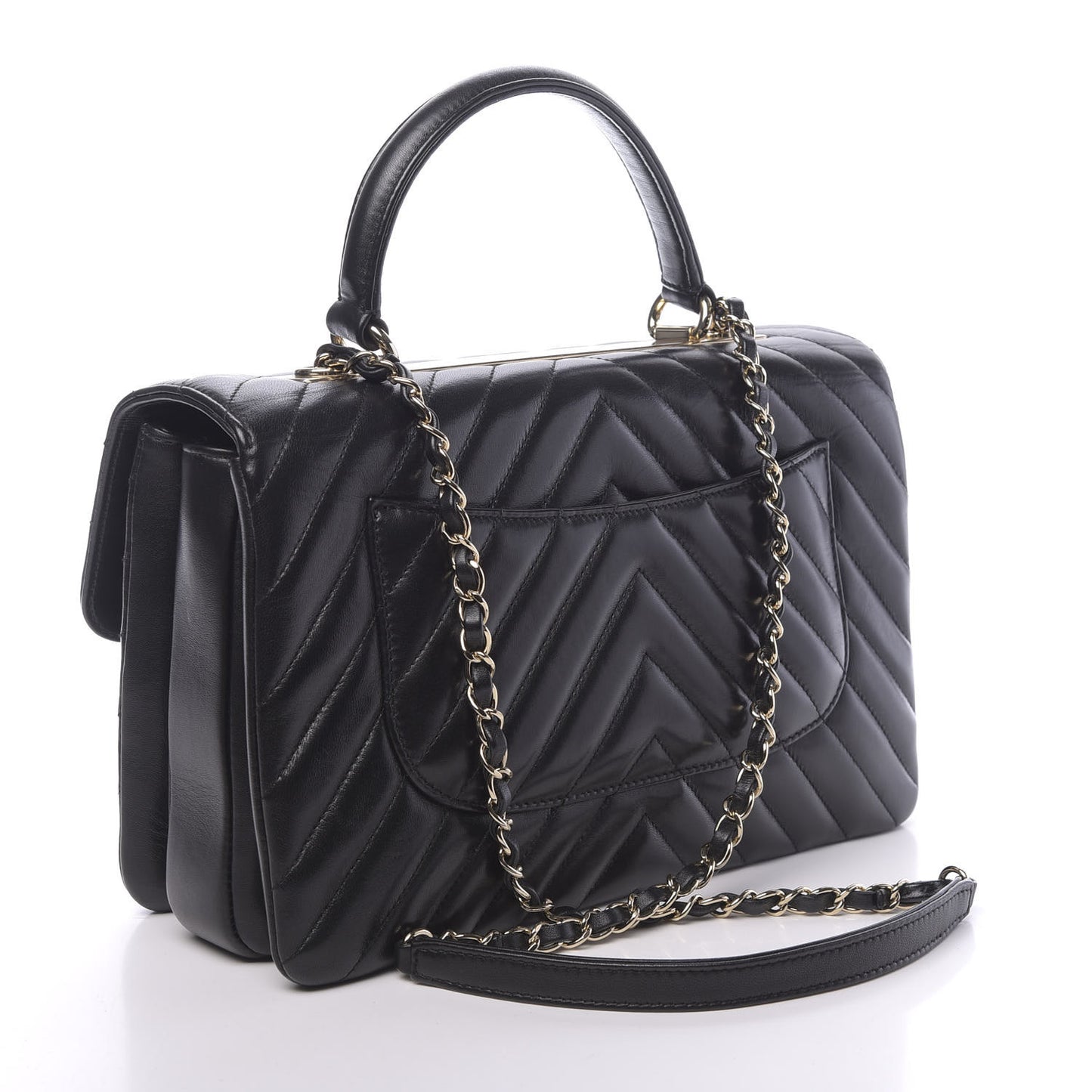 Lambskin Chevron Quilted Medium Trendy CC Dual Handle Flap Bag Black