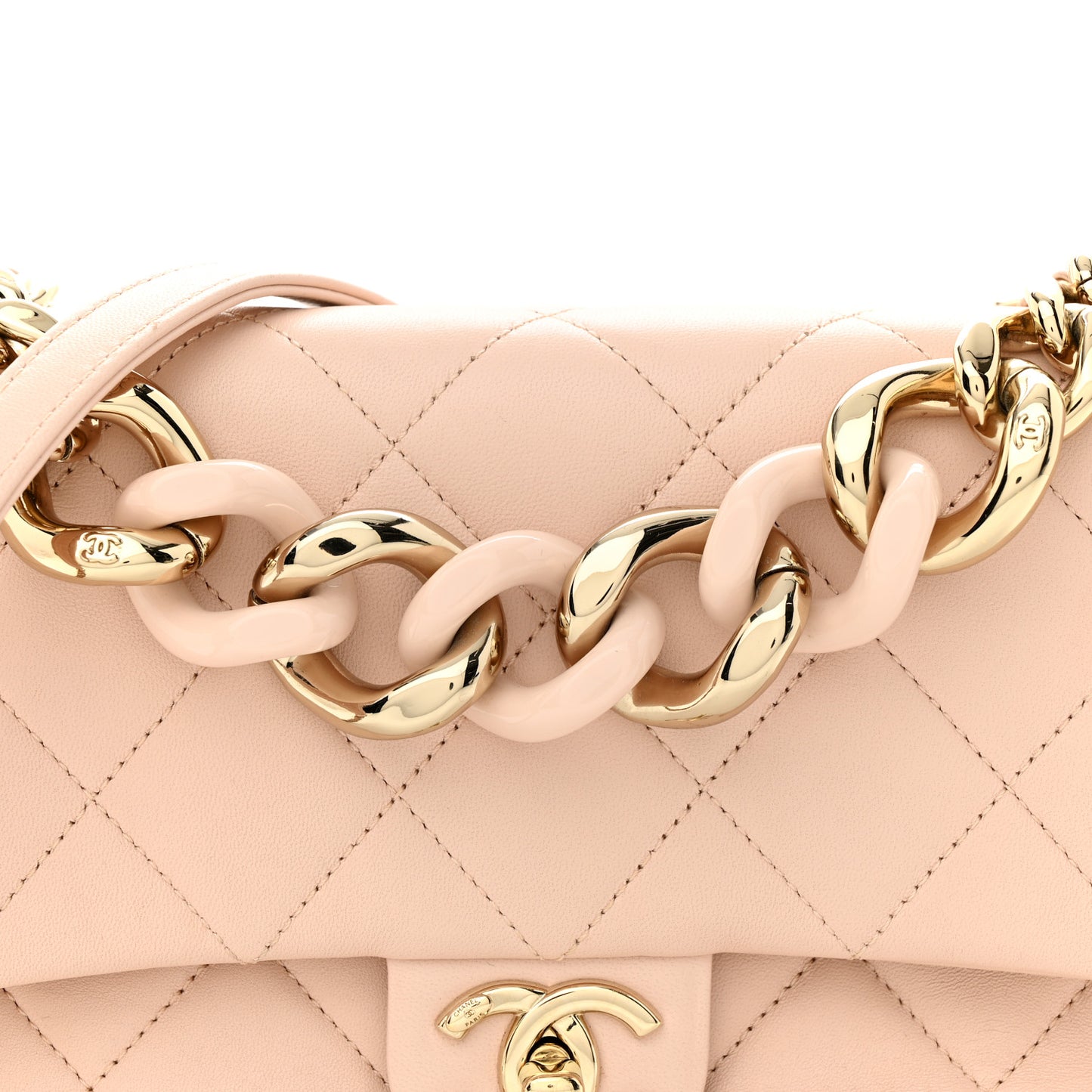 Lambskin Quilted Resin Bi-Color Chain Flap Bag Light Beige