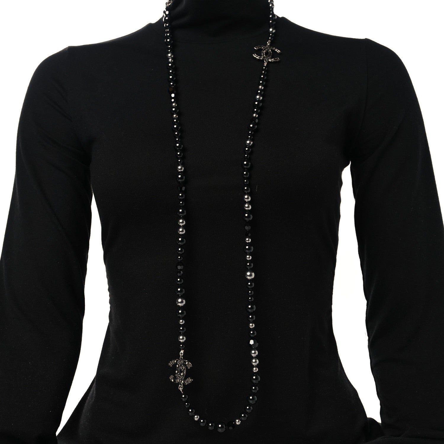 Chanel Pearl Crystal CC Camellia Necklace Ruthenium Black 2 of 5