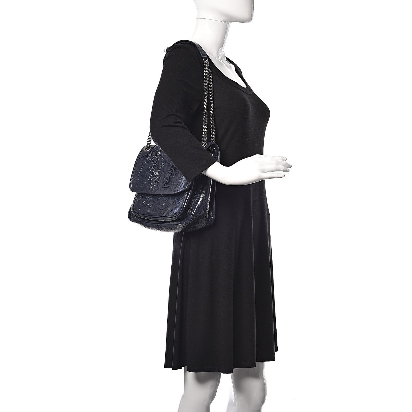 Crinkled Calfskin Matelasse Monogram Medium Niki Chain Satchel Deep Marine