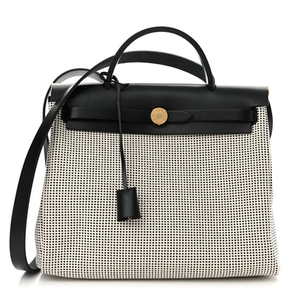 Hermes Vache Hunter Toile Quadrille Viking Herbag Zip Retourne 31 PM Ecru Black 1 of 24
