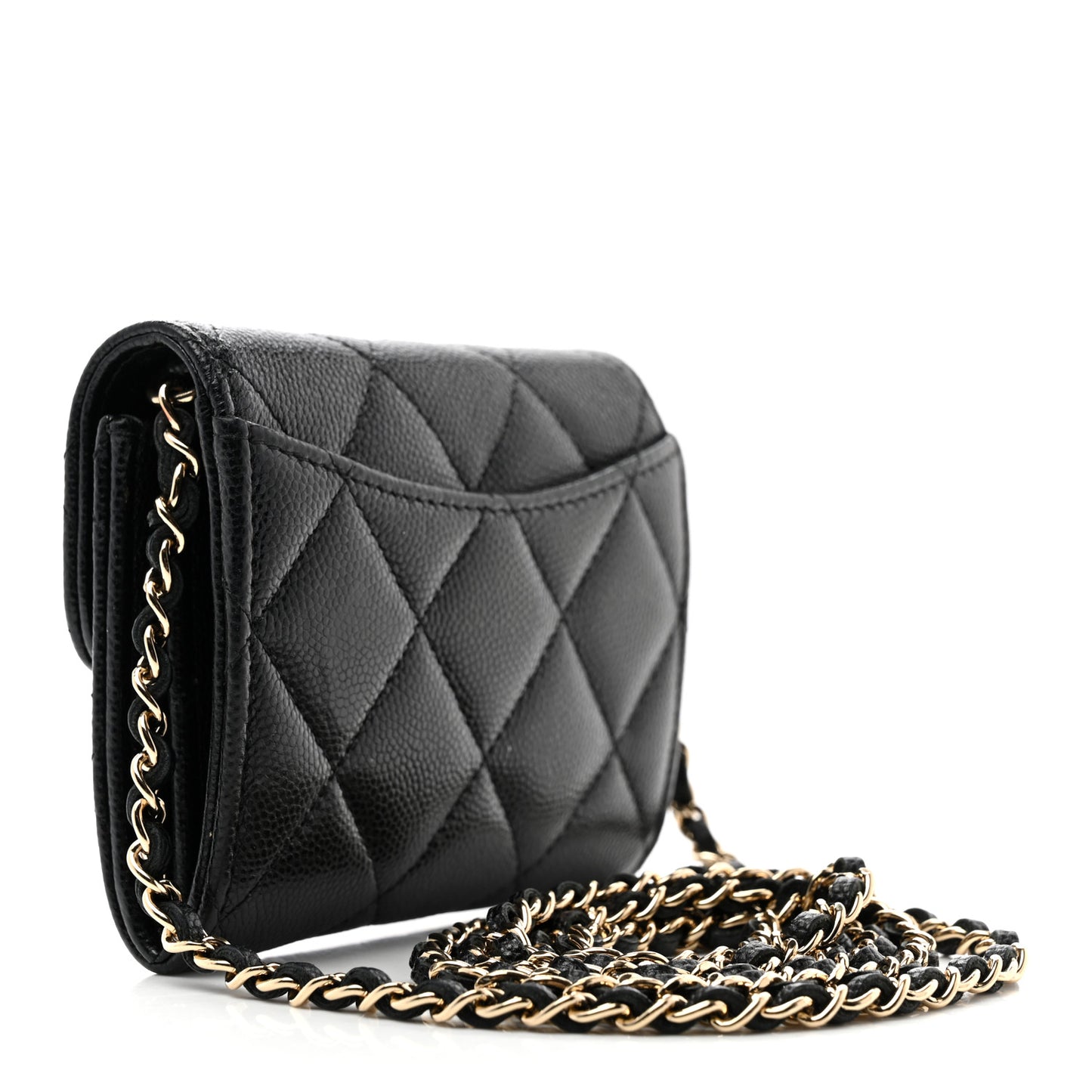Caviar Quilted Flap Card Holder On Chain Black