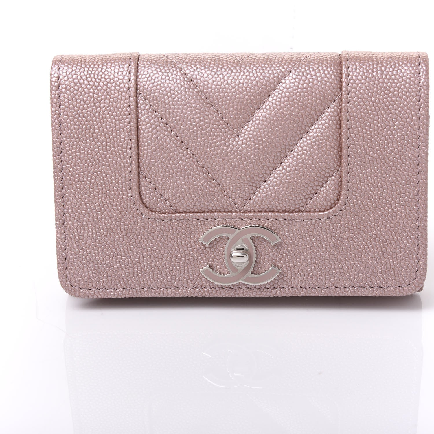 Chanel Metallic Caviar Chevron Quilted Vintage Mademoiselle Flap Card Holder Pink 10 of 10