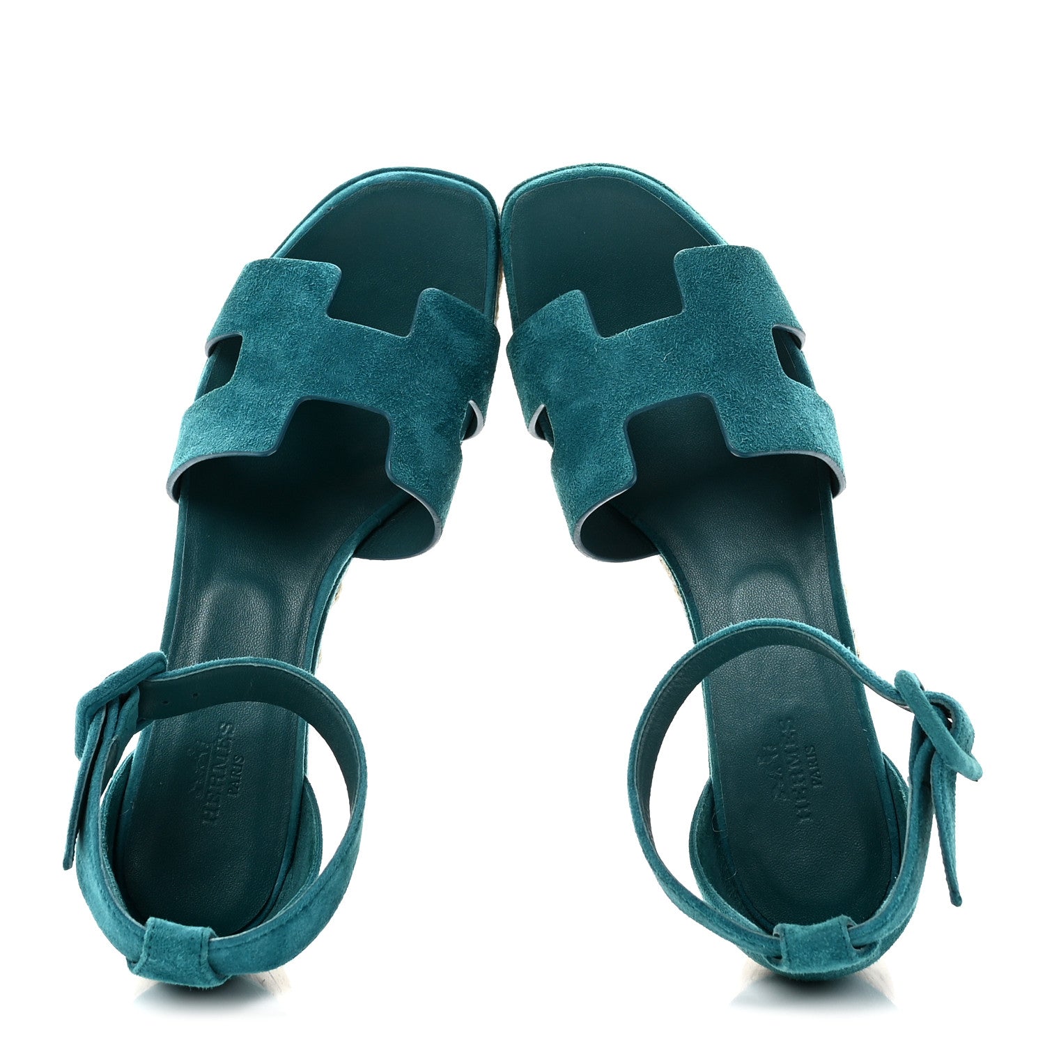 Hermes Suede Goatskin Elda Espadrille Wedge Sandals 38 Vert Oxford