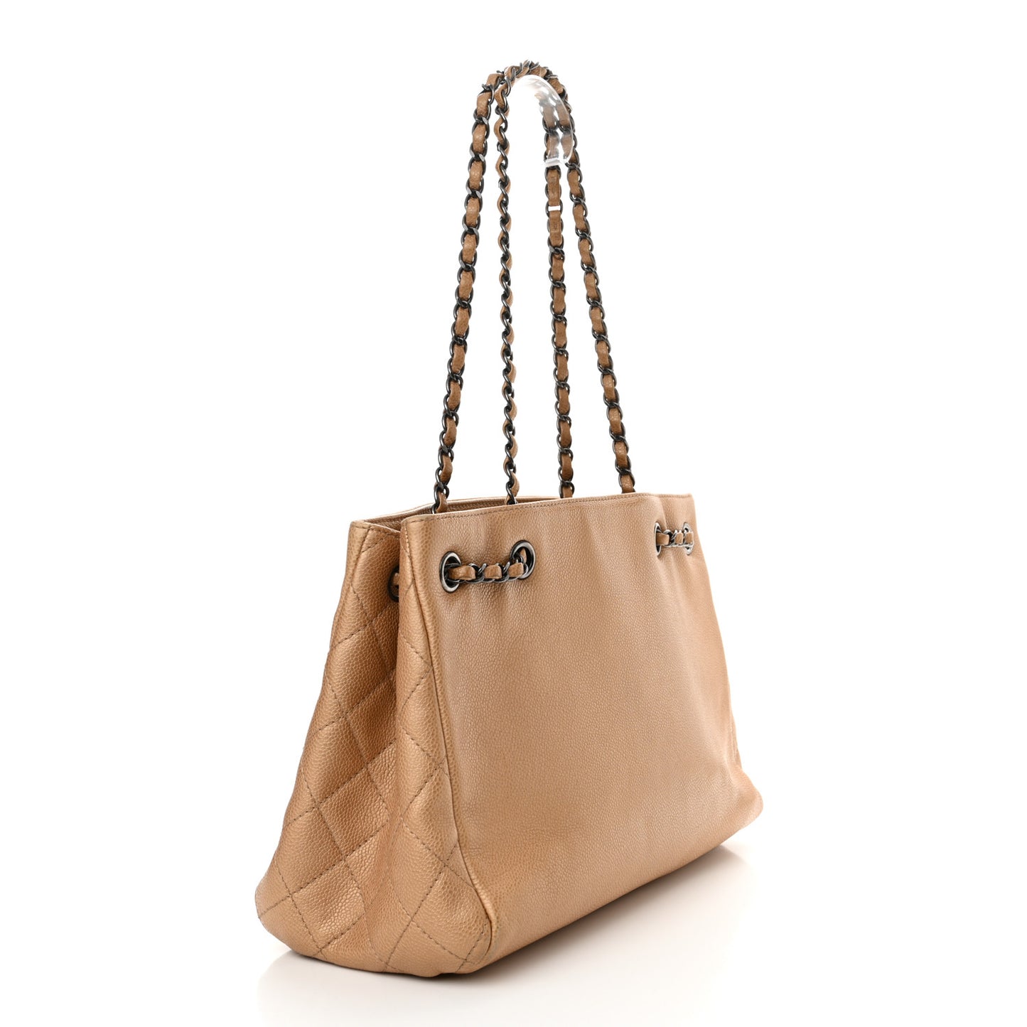Metallic Grained Calfskin Woven Chain Medium Shopping Tote Beige