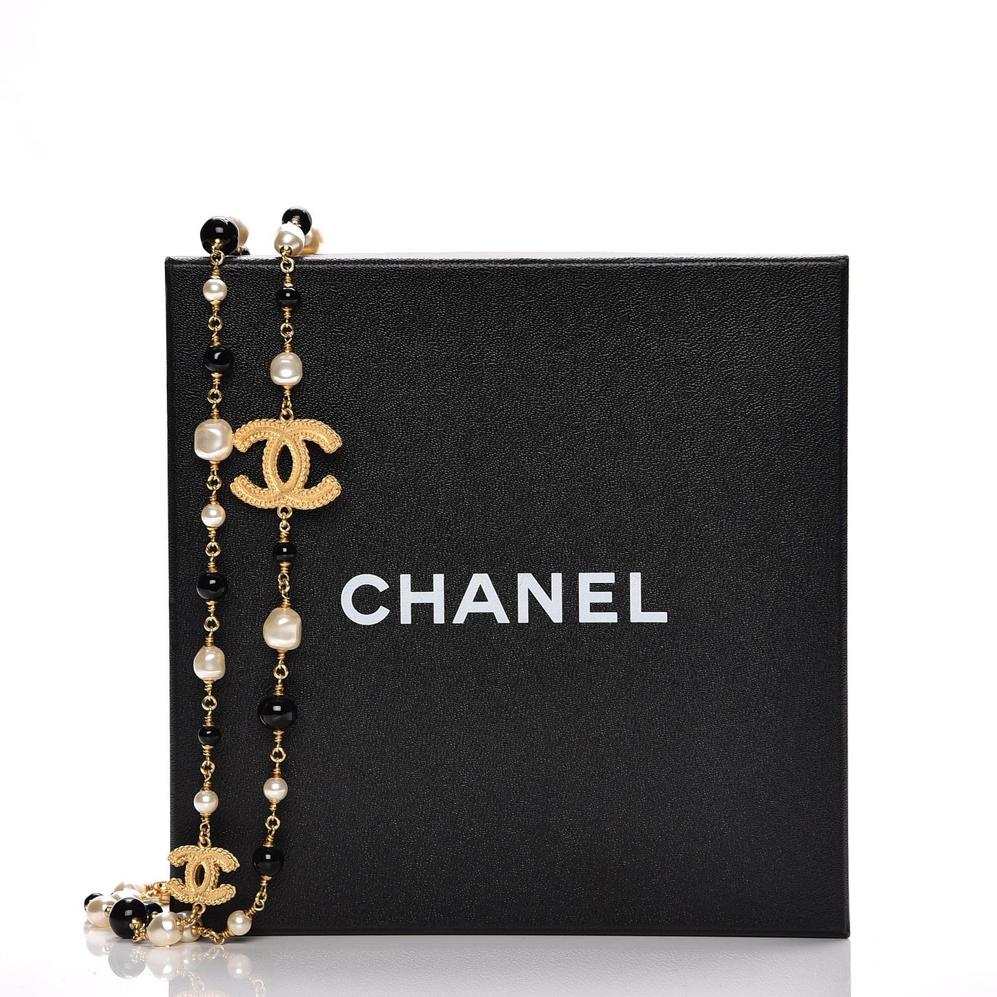 Pearl Bead CC Long Necklace Black Gold