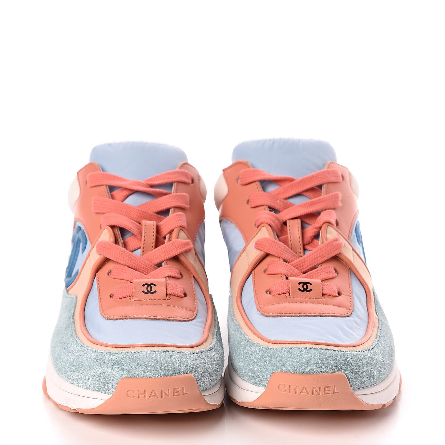 Nylon Lambskin Suede Calfskin CC Sneakers 38 Coral Light Blue White