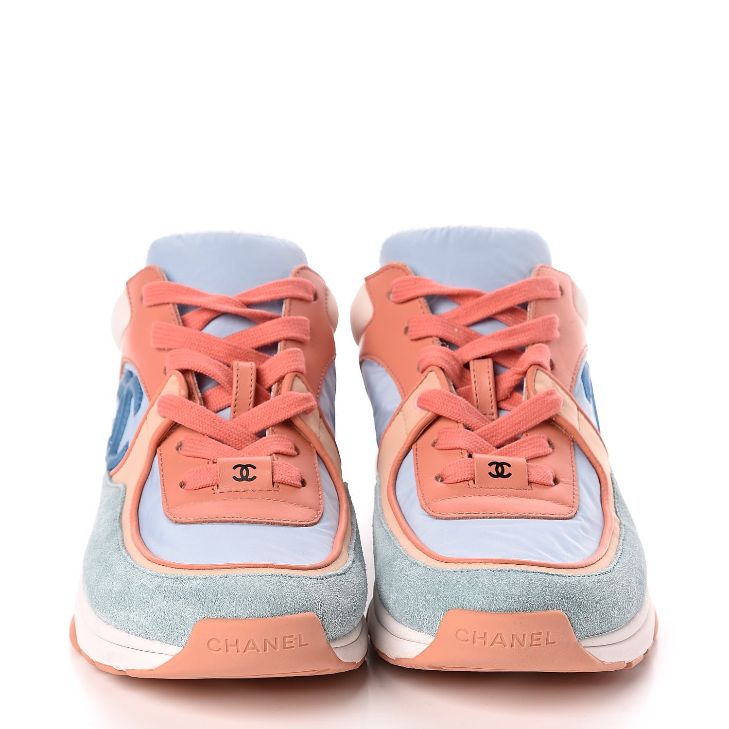 Chanel Nylon Lambskin Suede Calfskin CC Sneakers 38 Coral Light Blue White 2 of 9