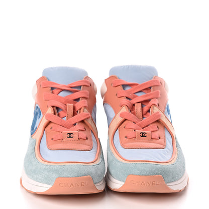 Chanel Nylon Lambskin Suede Calfskin CC Sneakers 38 Coral Light Blue White 2 of 9
