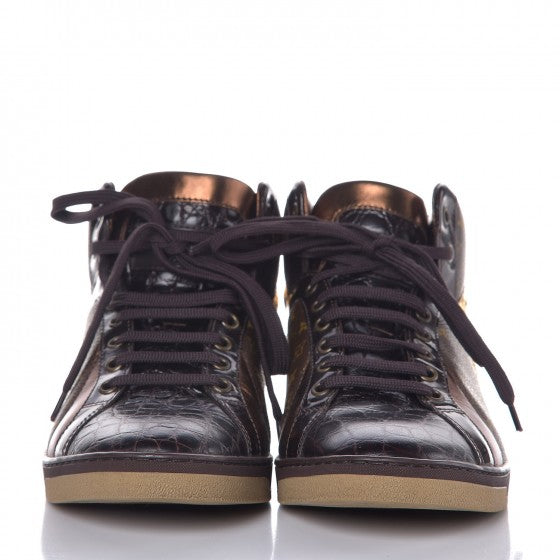 Calfskin Monogram High Top Sneakers 36 Brown