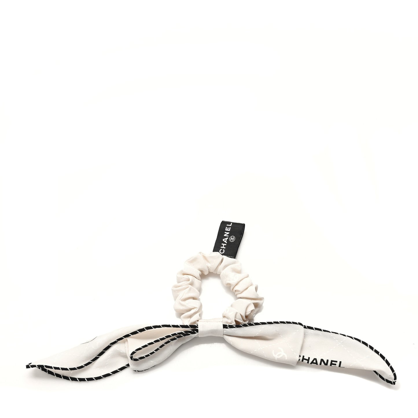 Silk CC Bow Hair Tie Ecru Black