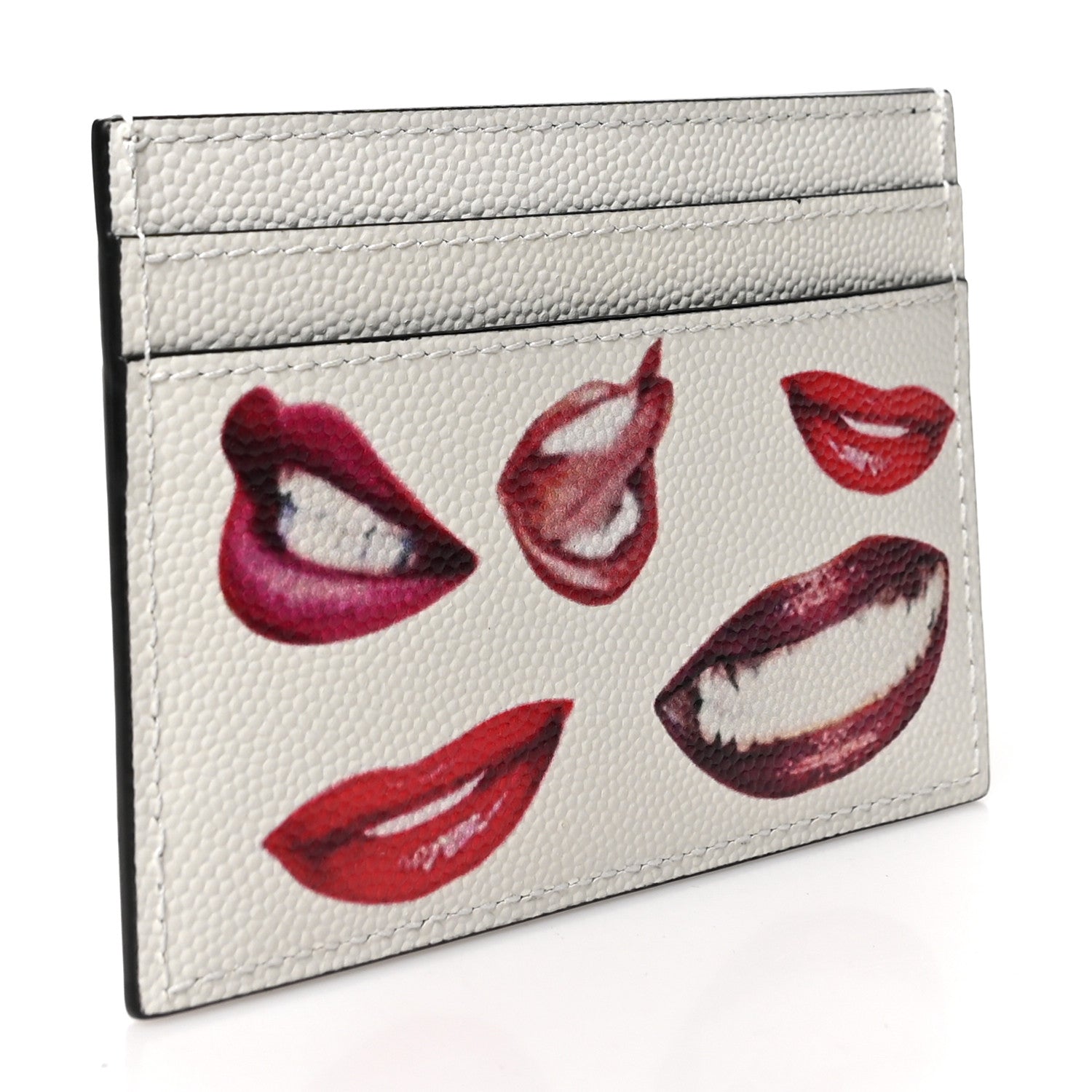 Saint Laurent Grain De Poudre Lips Print Monogram Card Holder White Red 3 of 8