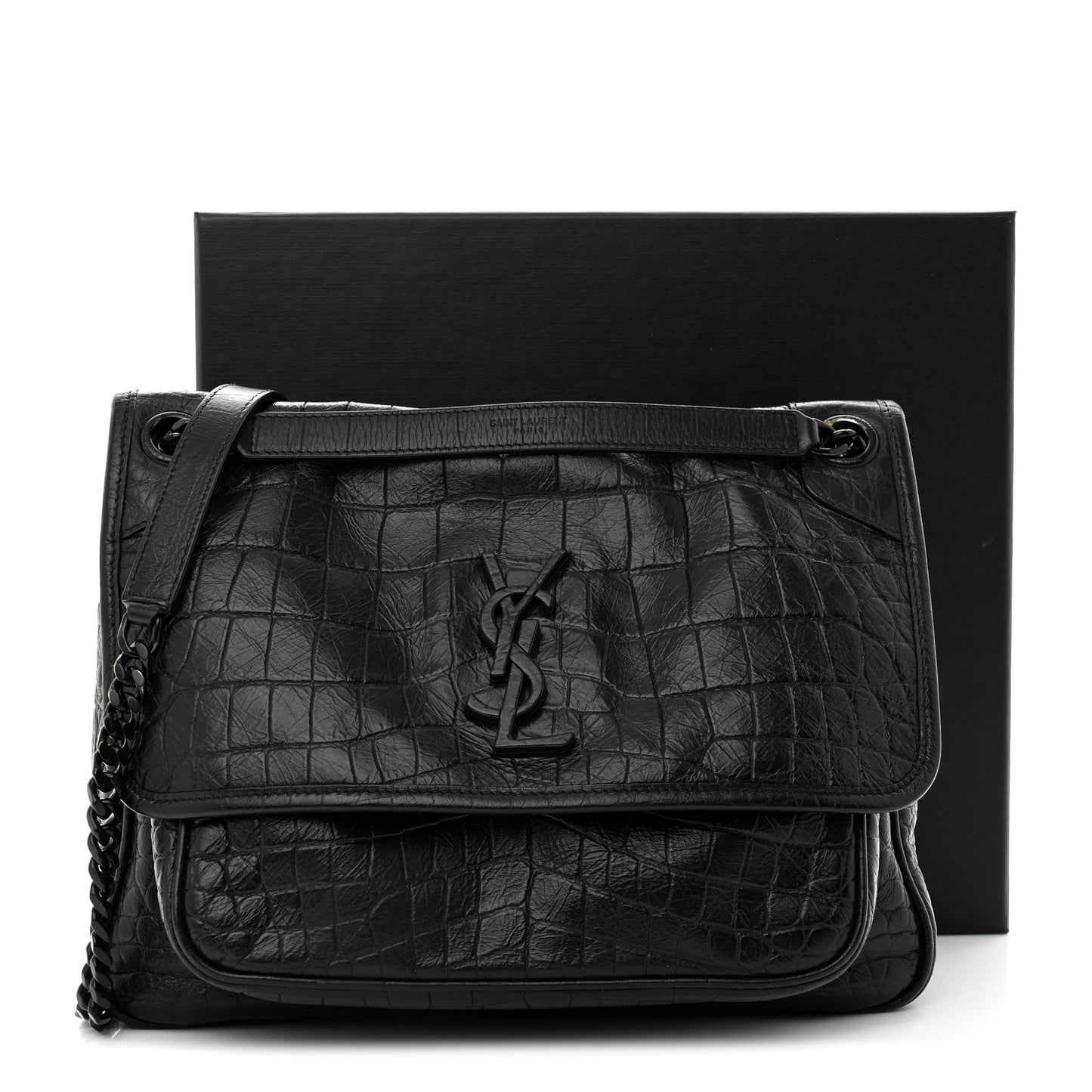 Crocodile Embossed Lambskin Monogram Medium Niki Chain Satchel Black